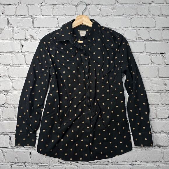 Chicos Black Gold Polka Dots No Iron 100% Cotton Blouse Size 00P (Size 0/2P) - Picture 1 of 12
